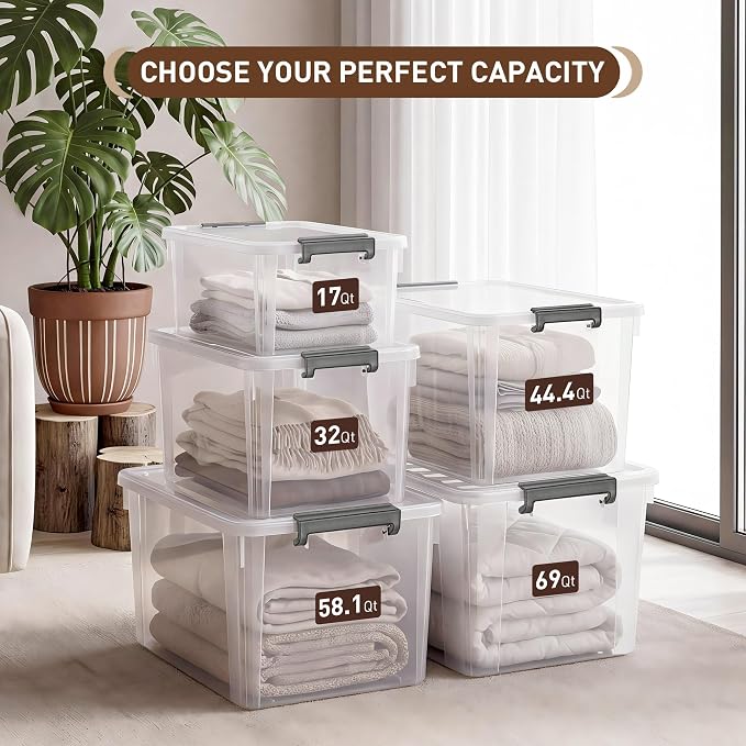Citylife 44.4 QT Plastic Storage Bins with Latching Lids Stackable Storage Containers for Organizing Large Clear Storage Box for Garage, Closet, Kitchen, 8 Packs