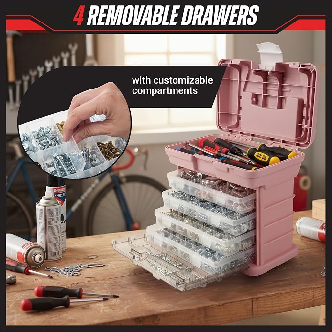 Stalwart Portable Tool Box for Women or Men, Pink | Small Parts Organizer with Drawers and Customizable Compartments for Hardware, Fishing Tackle Box, Beads or Crafting Supplies