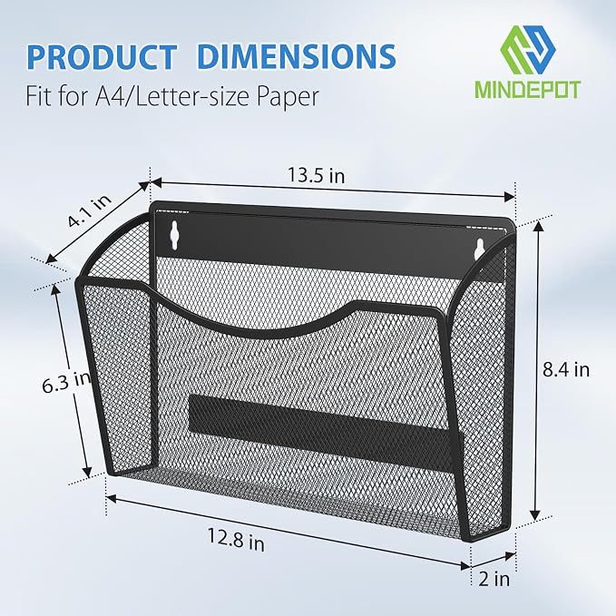 MINDEPOT Magnetic Wall File Organizer, Hanging File Holder, 2 Pack, Black | Heavy Duty Iron, Powerful Magnet, Metal Mesh Wall Mount, Single Pocket, for Office School Classroom Home, Letter A4 Size