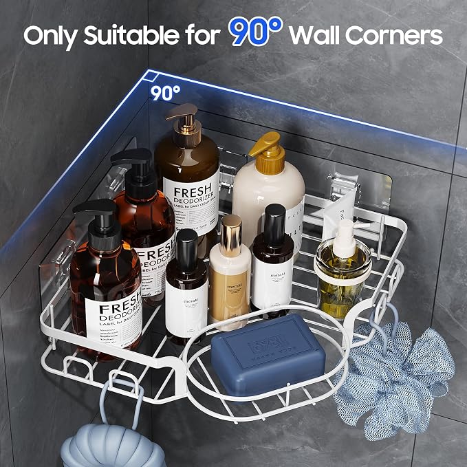 Corner Shower Caddy, Rustproof Shower Organizer with Soap Holder and 8 Hooks, No Drilling Adhesive Shower Shelves for Inside Shower, Large Capacity Shower Rack for Bathroom Shower Storage, White