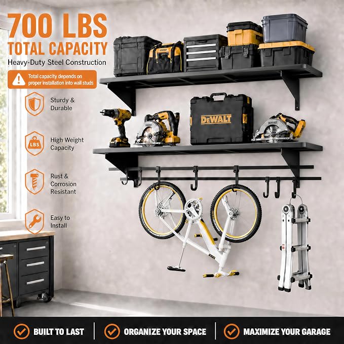 2-Pack 4ft x 16in Heavy Duty Metal Garage Wall Shelving,700lbs Capacity Solid Iron Garage Storage shelves with Sliding Hooks, Wall Mounted Floating Shelves for Workshop,Basement,Tools & Bins,Black