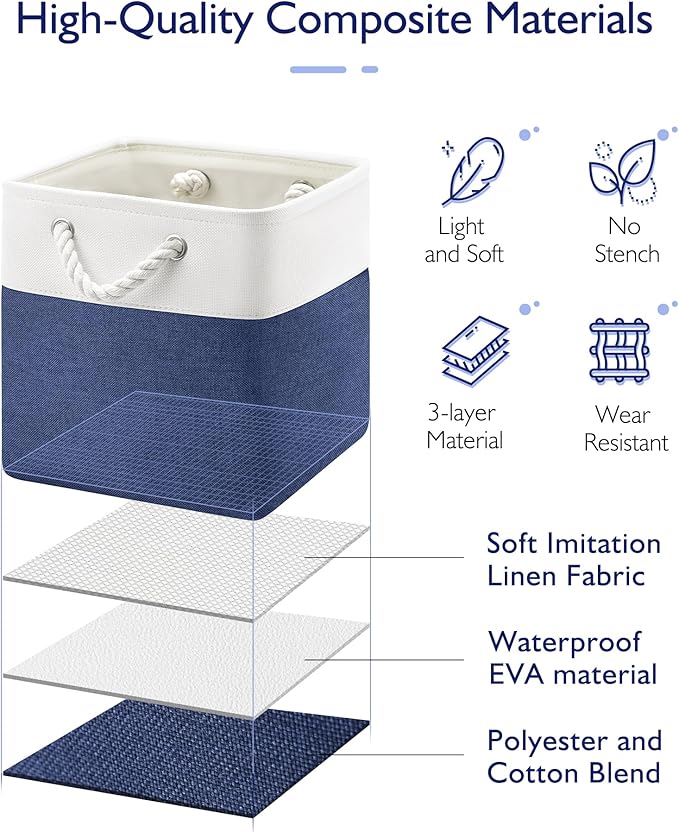 Patvingot 11-Inch Fabric Cube Storage Bins with Handles,4 Pack,Foldable | For cube shelves and closets,keeps grouped for everyday access,reinforced opening and fold-flat storage,white and blue