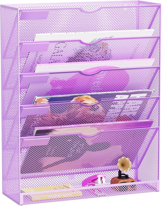 Hanging Wall File Organizer 6 Tier Wall Mounted Mail Paper Folder Holder Document Organization Stand, Vertical Desk Magazine Rack for Office Home Cubicle Countertop, Light Purple