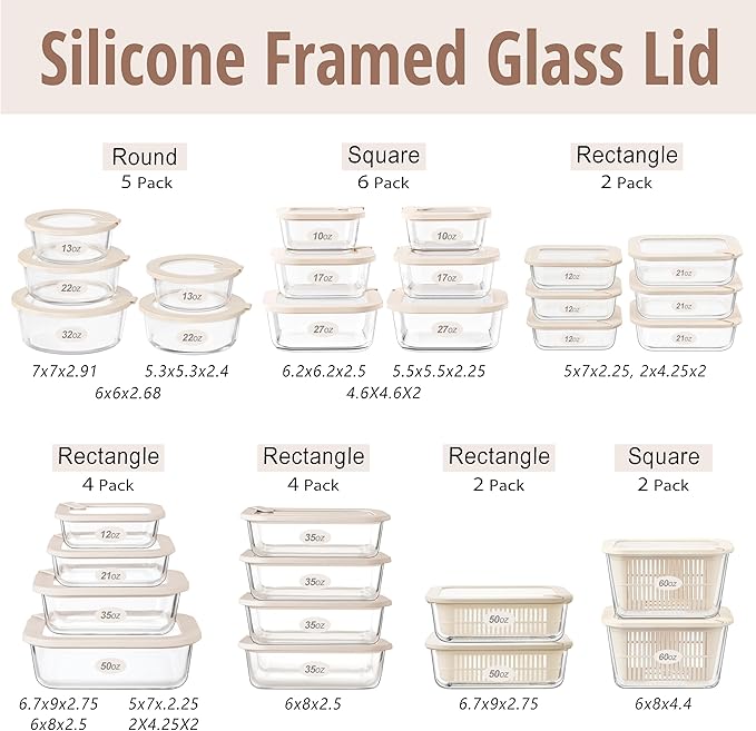 Glass Food Storage Containers with Glass Lids, Microwave Safe Food Container Set, Airtight Meal Prep Containers, LeakProof, 100% Plastic Free, 6 Pack