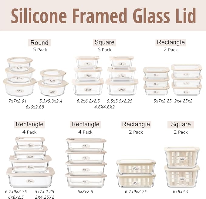 Glass Food Storage Containers with Glass Lids, Microwave Safe Food Container Set, Aitight Meal Prep Container Set, BPA Free, 2 extra Colanders, LeakProof, 2 Pack of 60oz