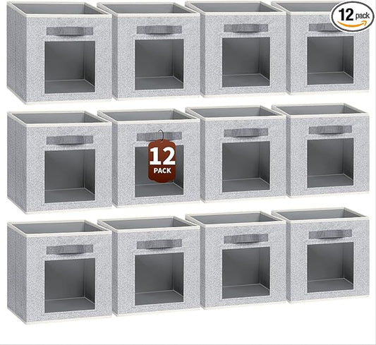 Foldable Storage Cubes - Square Organizer with Window, Decorative Baskets for Organizing, Fabric shelf Basket for Clothes, 11 Inch Closet Storage Cubes, Set of 12, Light Grey