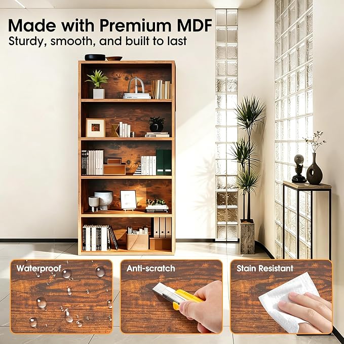 HealSmart 5 Tier Bookcase, Industrial 5 Book Shelf, 9.2" D x 23.8" W x 53" H Tall Open Cube Storage Organizer for Home Office, Living Room, Bedroom and Dinning Room, Brown