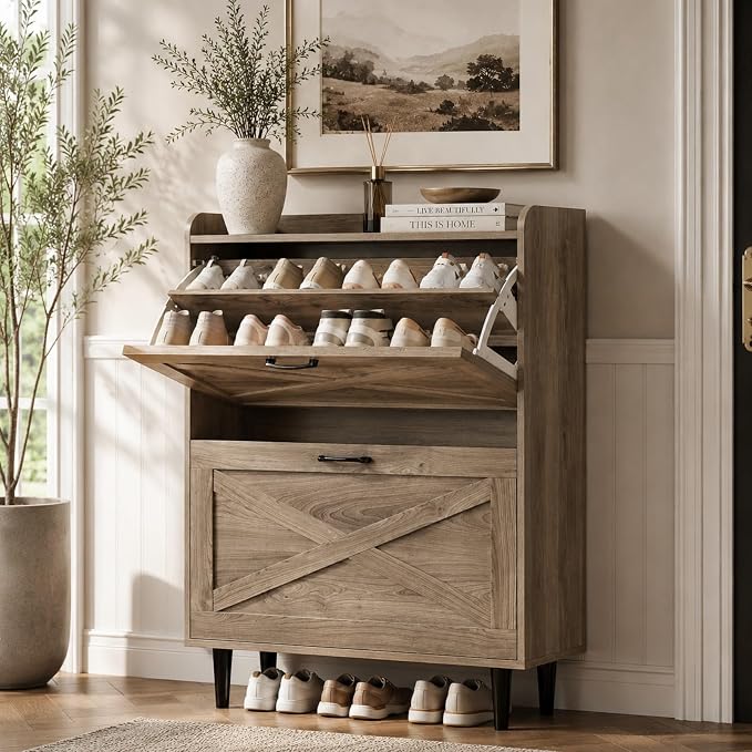 VINGLI Shoe Storage Cabinet for Entryway with 2 Flip Drawers, Ultra Slim Freestanding Entryway Shoe Organizer with Wood Tapered Legs,Hidden Closed Shoe Rack,31.6" W * 9.4" D * 39.4" H, Grey Oak