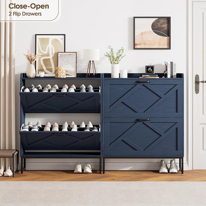 Nicetree Shoe Storage Cabinet, Shoe Cabinet with 2 Flip Drawers, Narrow Shoe Rack Cabinet, Farmhouse Slim Shoe Cabinet Storage for Entryway,Blue