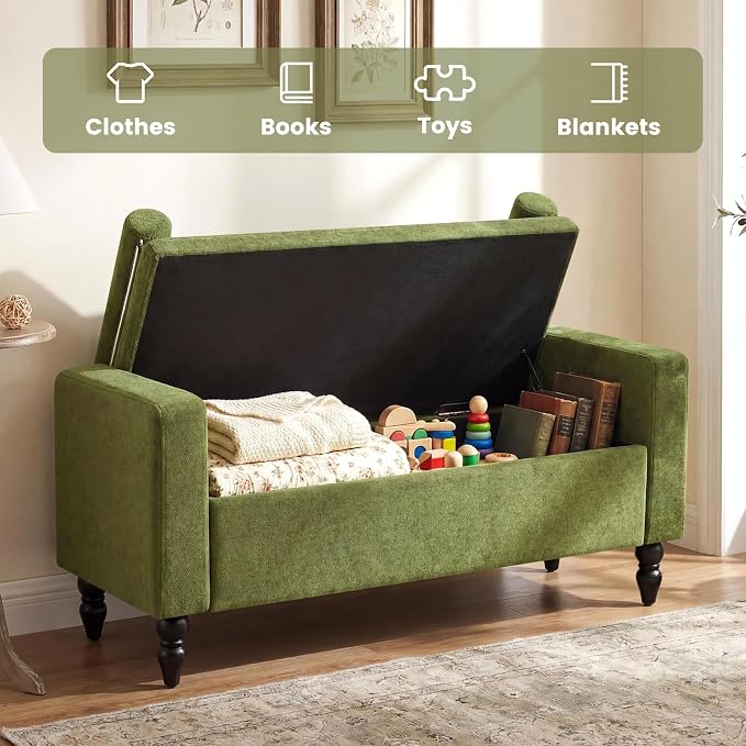 End of Bed Bench for Bedroom, 45.7" Linen Storage Ottoman Bench with Removable Pillows, Upholstered Entryway Bench with Solid Wood Legs, Storage Cabinet for Bedroom, Living Room, Entryway, Green