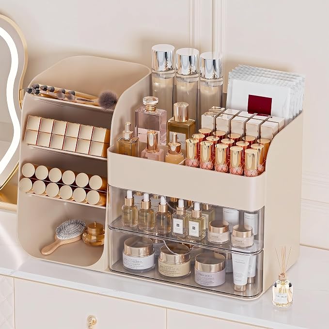 Booklov Small Makeup Organizer for Vanity Countertop, Cream | Clear Acrylic Cosmetic Display Case, Beauty Brush Holder for Bathroom Counter, Make Up Skincare Lipsticks Storage