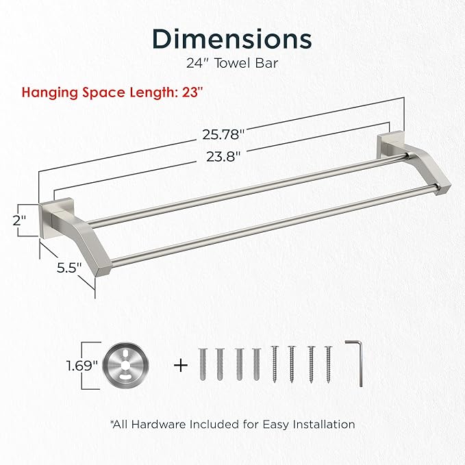 FORIOUS Double Towel Bar 24", Bathroom Towel Rack Square Brushed Nickel | Heavy Duty Towel Racks for Bathroom Bedroom, Space Saving, Rustproof, Stainless Steel Towel Holder, Total Length 26 Inch
