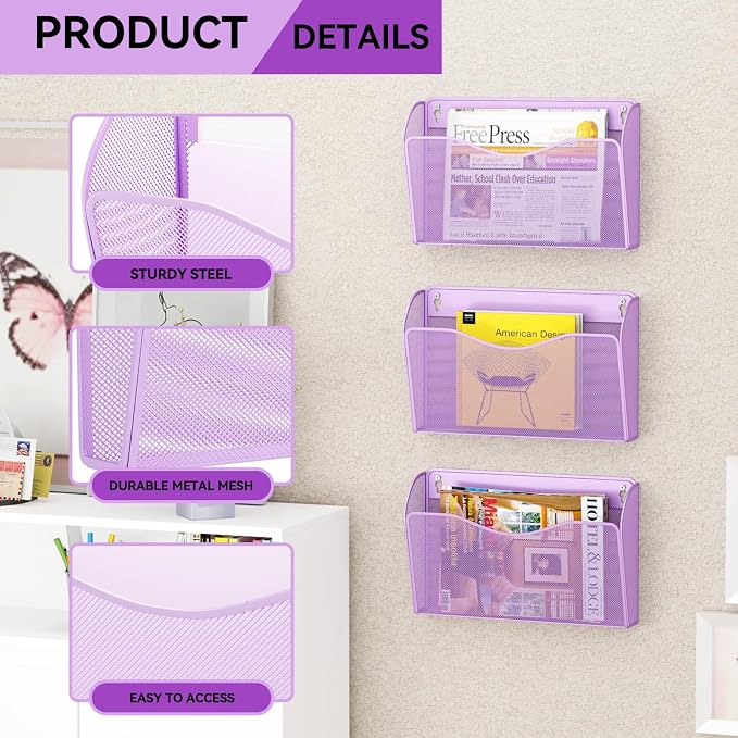 3 Single Pocket Wall File Holder, Mesh Hanging File Folder Paper Organizer, Vertical Wall Mounted Mail Basket, Storage Organization Magazine Rack for Office, Home and School, Light Purple