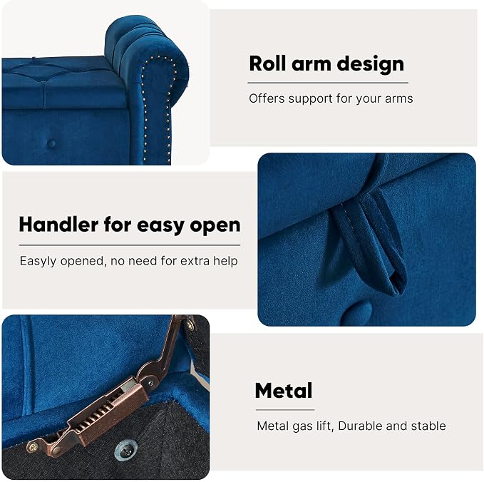 Storage Bench 67" Velvet End of Bed Benches Navy Blue | King Size Storage Bench for Bedroom with Rolled Arms Tufted Ottoman Benches Upholstered Bench for Living Room Entryway