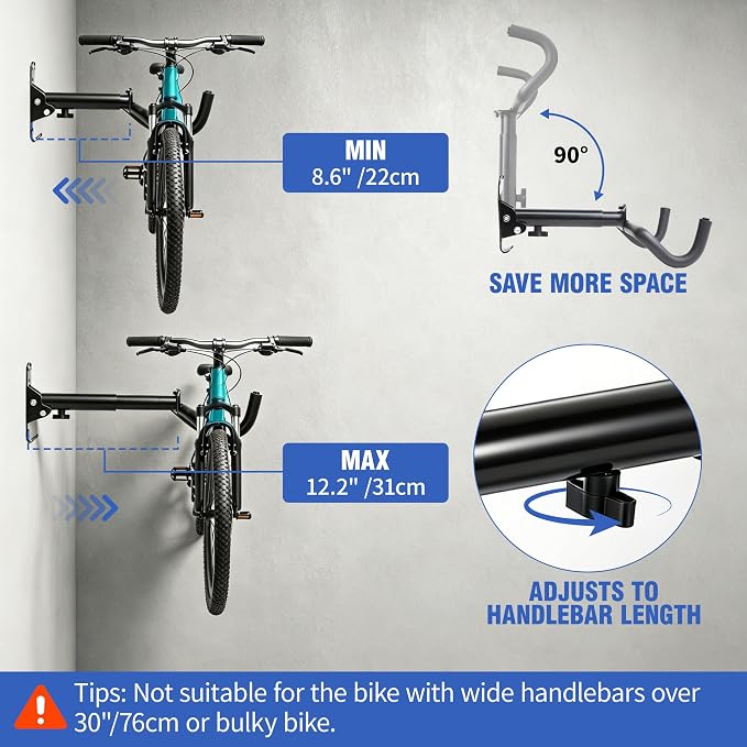 Bike Wall Mount Hanger, Horizontal Rack | Heavy-Duty, Adjustable, For Road, Mountain & Hybrid Bikes, Garage, Apartment & Home Use