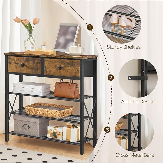 4 Tier Shoe Rack, Large Capacity Shoe Storage Organizer, Metal Shoe Shelf with Drawer and Wooden Top, for 16 Pairs of Shoes, for Entryway, Closet, Rustic Brown and Black SS24BR
