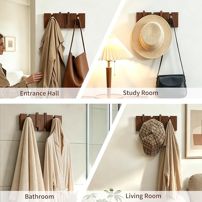 QUELLANCE Wooden Coat Hooks Wall Mounted, Coat Rack Hanger Wall Mount with 4 Hooks, Heavy Duty Coat Hooks for Hanging Coats/Keys/Hats/Robe&Towels/Plants/Bags, Home Decor Gift, Walnut