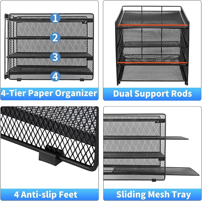 OPNICE 4-Tier Paper Organizer Letter Tray, Desk Organizers and Accessories, Office Desk Accessories, Desktop File Organizer for Office, Home or School, Black