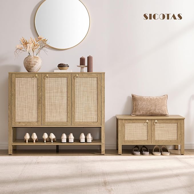 SICOTAS Rattan Shoe Cabinet with Storage, 30 Pairs Boho Shoe Organizer | Tall Farmhouse Shoe Rack Cabinet with 3 Doors & Adjustable Shelves for Entryway, Hallway, Living Room, Closet (2 Pieces)