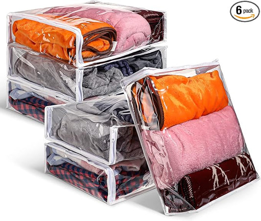 6 Packs Clear Zippered Storage Bags 16 x 14 x 4 Inch Sweater Moth Bags Vinyl Plastic Storage for Blankets Clothes Bed Sheet Organizer with Zipper for Closet Linen Sweater Clothes Comforters Pillow
