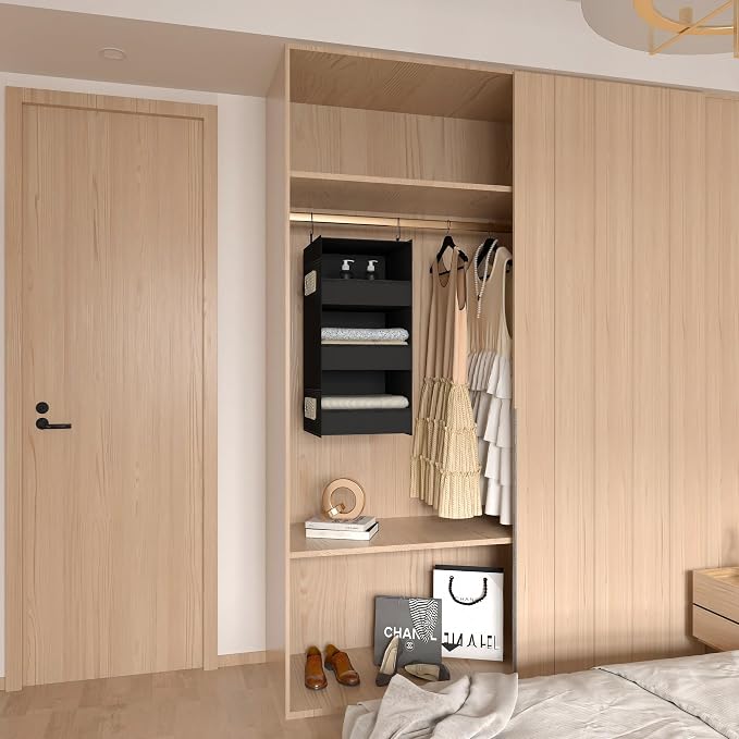 3-Shelf Hanging Closet Organizer, Washable Foldable Storage Shelves, Black | Front lip keeps items secure; side pockets add room; Oxford fabric handles towels, shirts, baby items, dorms, RVs or travel.
