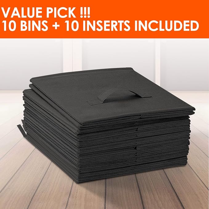 Criusia Storage Cubes, 11 Inch Clothes Storage Bins for Shelves Closet (10 Pack), Fabric Collapsible Storage Bins with Dual Handles, Cubby Storage Baskets for Magazines, Dorm Essentials (Black)