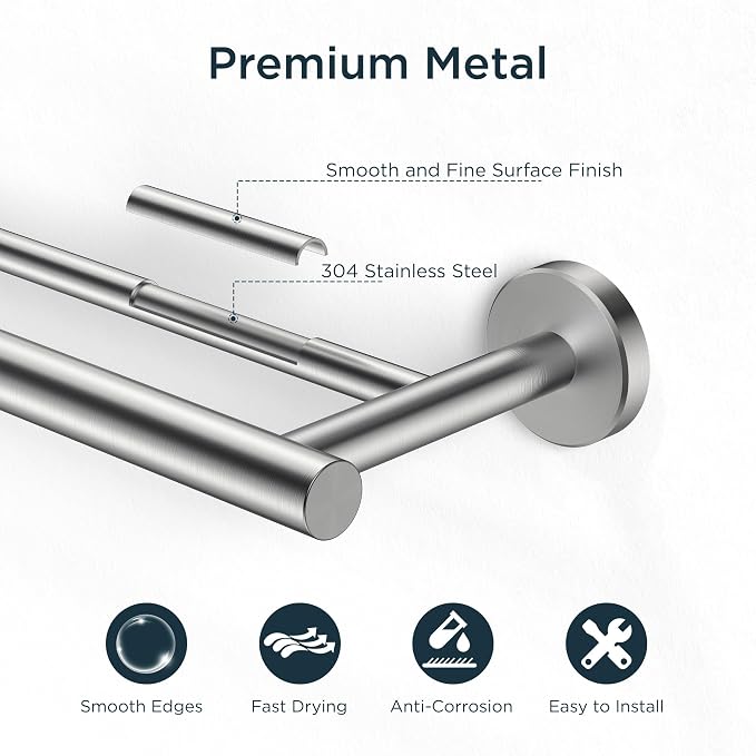 FORIOUS Double Towel Bar 24" Towel Racks for Bathroom Wall Brushed Nickel | Total Length 26 Inch, Rustproof, Stainless Steel Towel Holder, Wall Mounted for Bathroom Bedroom, Heavy Duty, Space Saving