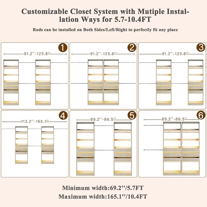 Closet System Set of 2, 5.7-10.4FT Closet Organizer System with 6 Wood Drawers & LED Glasstop, Wood Walk-in Closet with 10 Hanging Rods & 2 Trouser Rack, Built-in Garment Rack with Shelves, White Oak