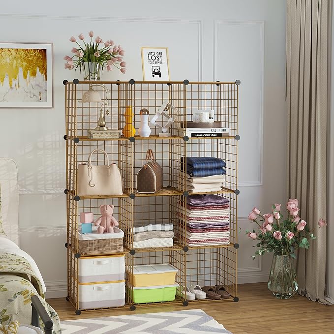 C&AHOME Wire Cube Storage, 12 - Cube Organizer Metal C Grids, Closet, Brown | Modular Shelves Units Storage Bins Shelving Bookshelf Shelf Cabinet