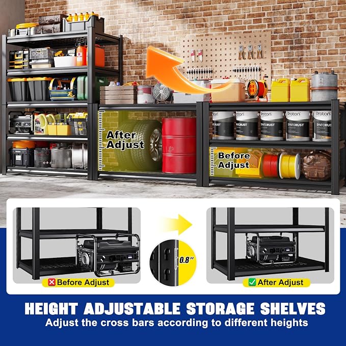 78"H-45.6"W Garage Shelving Heavy Duty Storage Shelves, Adjustable Metal Shelving Unit, Utility Garage Organizer Shelf for Basement, Pantry, Kitchen, Warehouse, Supermarket, 45.6"Wx19.7"Dx78"H