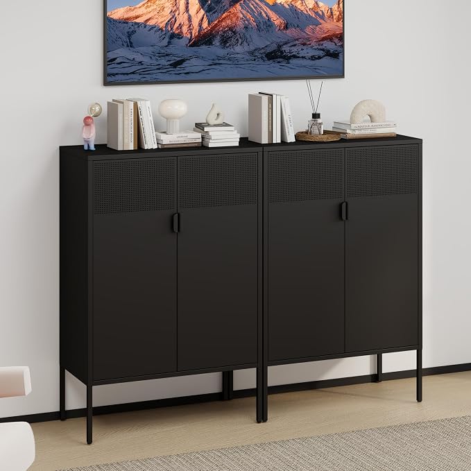 3-Tier Metal Storage Cabinet with 2 Adjustable Shelves & Mesh Doors | Metal Locker Accent Cabinet with Legs, Black Storage Cabinets, Metal TV Stand Cabinet for Home Office, Entryway & Hallway