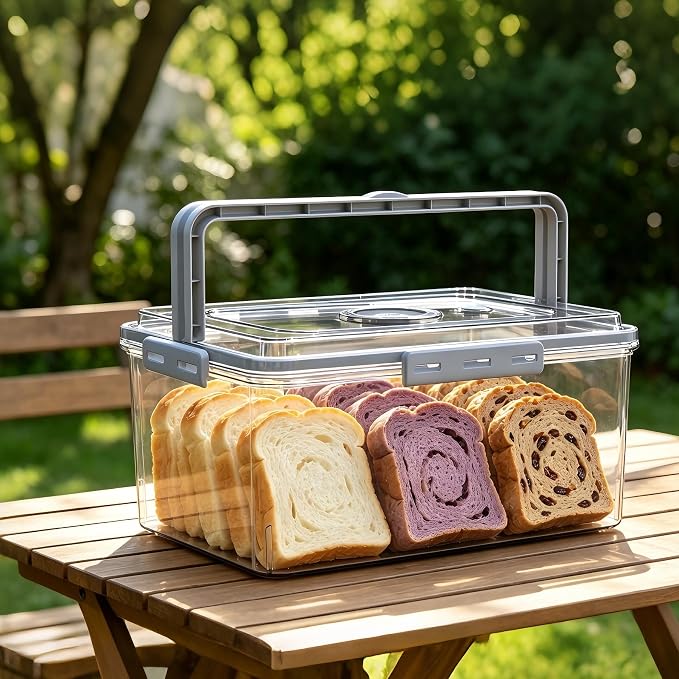 Bread Box With Digital Hygrometer, Portable Bread Boxes with Lid and Handle,New Upgrade Time Recording Bread Storage Container for Homemade Breads,Toast, Bagel, Donut and Cookies,Gifts for Mom Dad