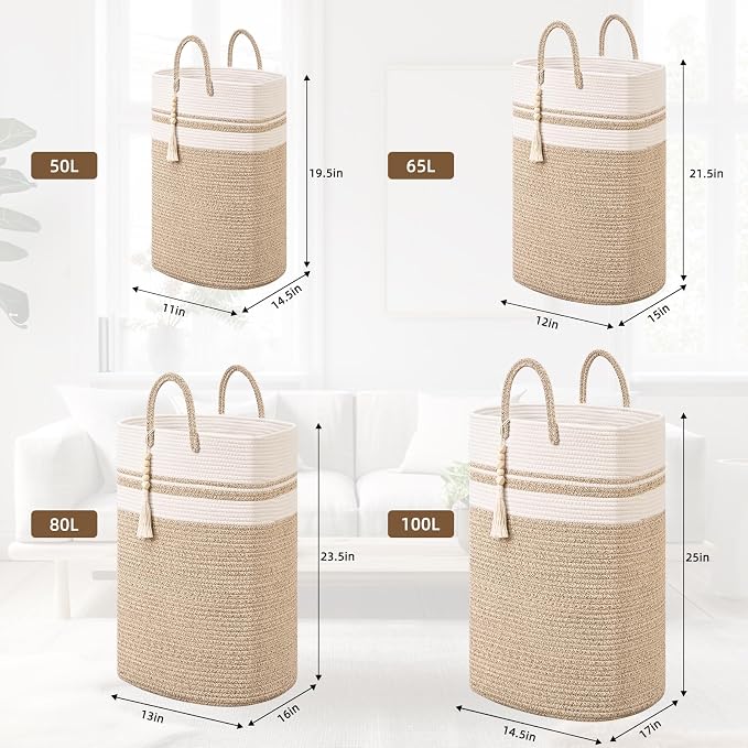 Woven Laundry Basket for Clothes, 100 L Large Rectangle Laundry Hampers, Nursery Storage Basket for Toys, Tall Dirty Clothes Hamper for Bedroom Aesthetic, Bathroom, Laundry Room