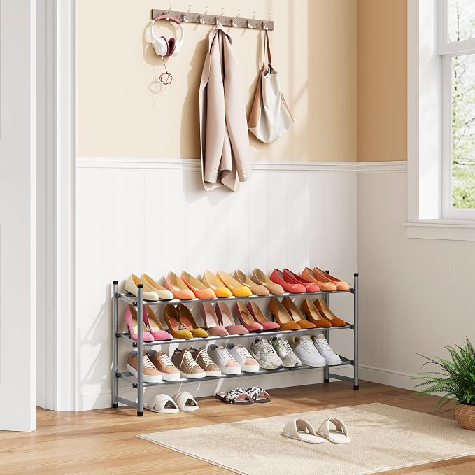 Expandable Shoe Rack for Closet 3 Tier, 28“-41“Stackable, Grey | Adjustable Shoe Organizer Closet Shoe Rack Floor, Metal Shoe Shelf Storage for Entryway, Closet, Garage, Front Door Entrance