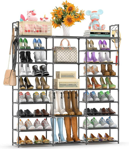 Kottwca Shoe Rack Organizer, Large Shoe Rack for Entryway Closet, Metal Shoe Shelf for Shoes and Boots, Big Non-Woven Fabric Shoe Storage Organizer with Hooks for Cloakroom, Black…