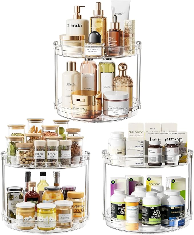 LAMU 3 Pack 10.6'' 2-Tier Lazy Susan Turntable Organizer Rotating Spice Rack Organization for Cabinet, Kitchen, Pantry, Countertop, Bathroom, Vanity, Makeup Organizer, Clear