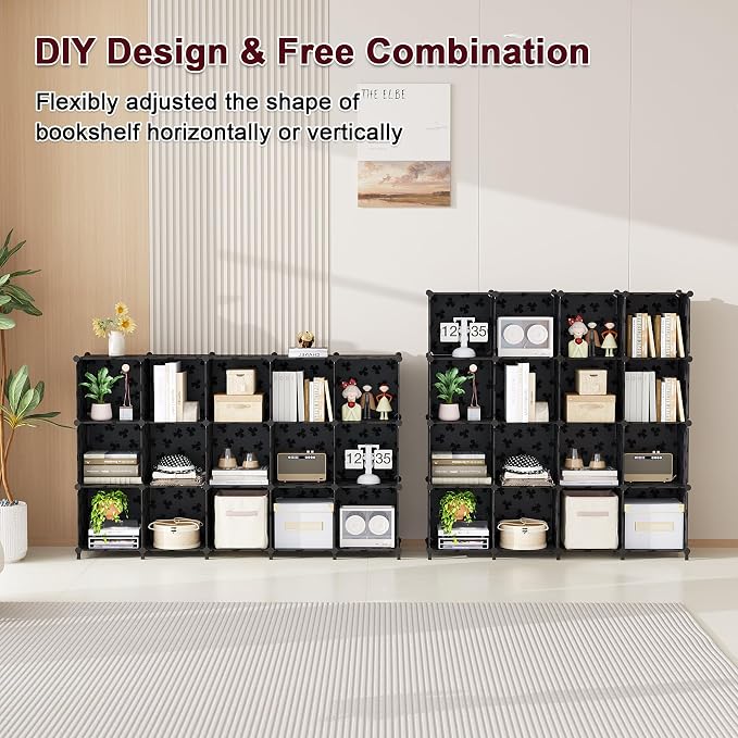 UNKU 16 Cube Storage Organizer,Closet Organizer Storage Shelves,Black | DIY Stackable Bookcase, Clothes Organizer Shelf for Closet, Bedroom, Living Room, Cabinet, Home, Office