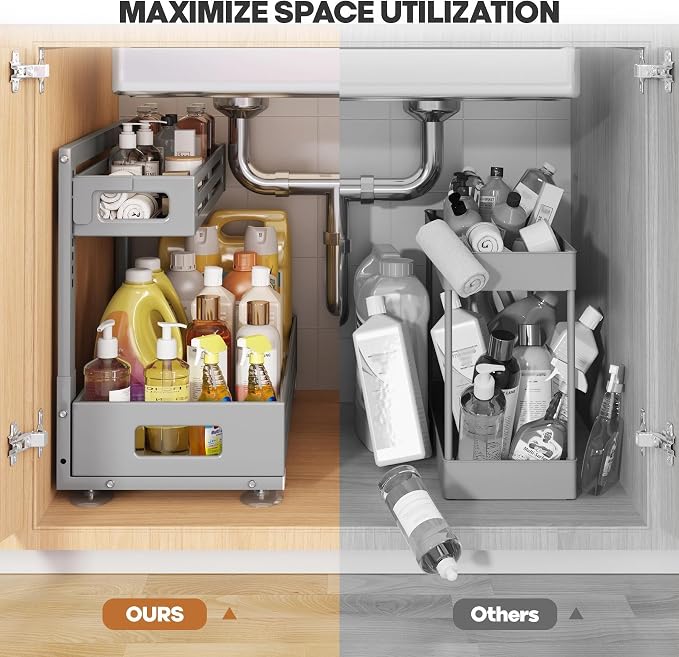 2 Pack 19IN-Depth Under Sink Organizer,Pull Out Cabinet Organizer With Smooth Cylindrical Rail,Metal Slide Out Drawer for Kitchen Bathroom Laundry,8-Level Tool Free Height Adjustable-Gun Gray