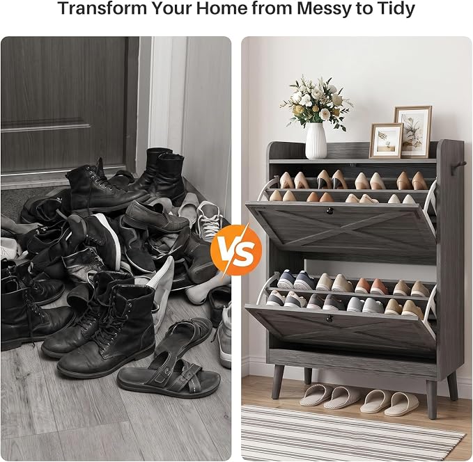 YZ HOME Shoe Storage Cabinet with 2 Flip Drawers | Entryway Shoe Cabinet, Metal Hooks & Adjustable Shelves, Freestanding Narrow Shoe Rack for Hallway Foyer, Grey