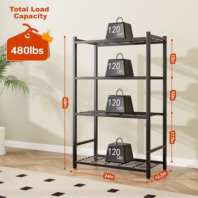 Storage Shelves, 4-Tier Metal Shelving Unit with 120 lbs Per Shelf, Leveling Feet, Storage Rack for Garage, Kitchen, Pantry, Closet, 24" x 11.8" x 48", Black