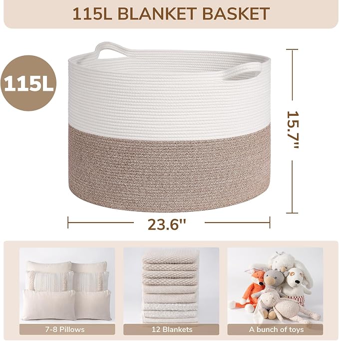 INDRESSME 115L Extra Large Woven Rope Blanket Basket Living Room, Brown | 23.6" x 15.7" Storage baskets for toys laundry & pillows. Fits living room, bedroom or nursery décor. Soft-touch with handles