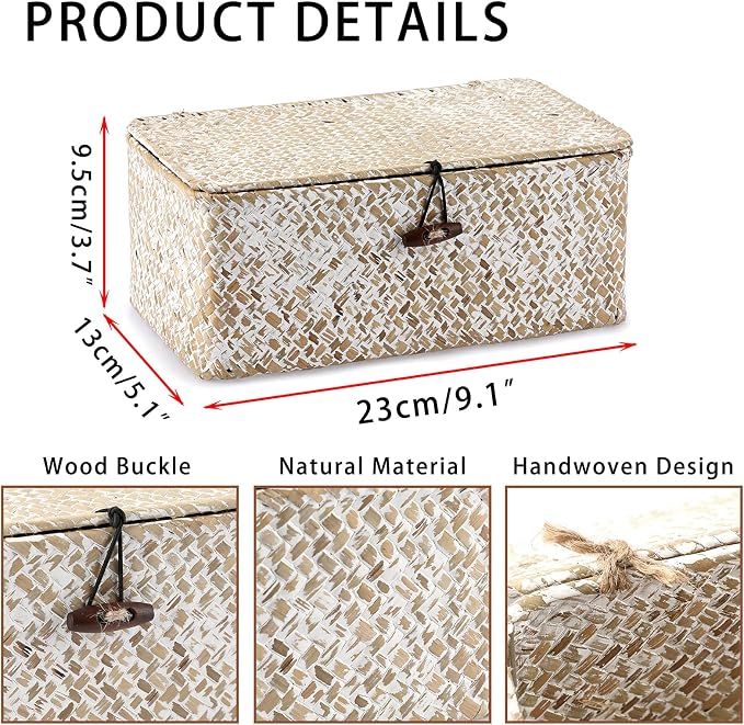 Hipiwe Wicker Shelf Baskets with Lid, X-Small Woven Seagrass Basket Bin | Rectangular Storage Baskets Household Basket Boxes for Shelf Home Organizer and Decor, Whitewash