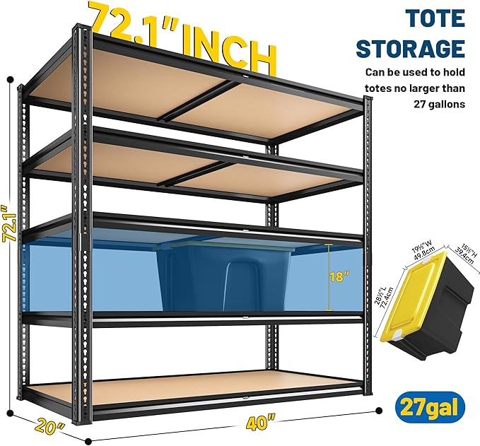 ROOMFAVE 40" W Storage Shelves 5 Tier Garage Shelving Heavy Duty,2350LBS Adjustable Metal Shelving Unit, Garage Shelves for Basement, Warehouse, Pantry, Closet, 72.1" H x 40" W x 20" D, Black,2PCS