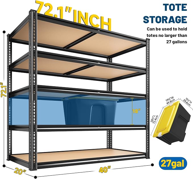 ROOMFAVE 40" W Storage Shelves 5 Tier Garage Shelving Heavy Duty,2350LBS Adjustable Metal Shelving Unit, Garage Shelves for Basement, Warehouse, Pantry, Closet, Kitchen 72.1" H x 40" W x 20" D, Black