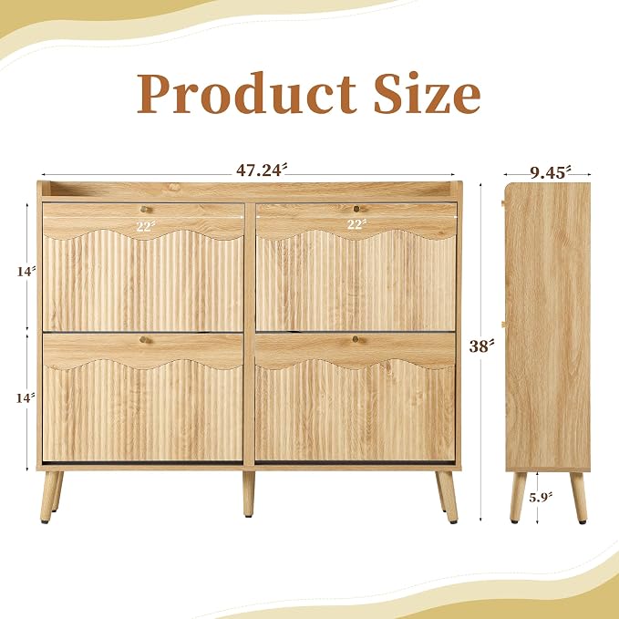 BERRYMERRY Natural 47.2” Shoe Storage Cabinet with 4 Flip Drawers | narrow,entryway,adjustable feet,32 pairs shoe,shoe organize,hidden shoe rack,fluted panel,wave pattern,wood,space saving