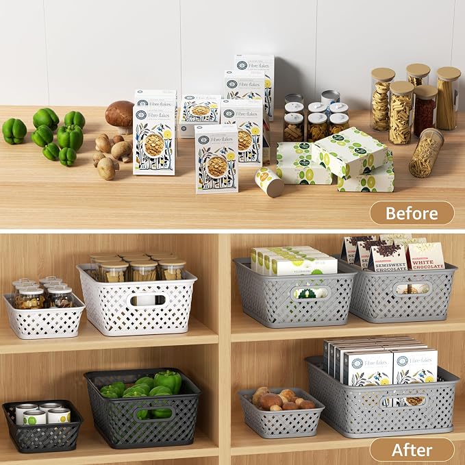 MaxGear 3 Pack Plastic Storage Baskets, Small, Black | Durable Woven Plastic with Built-In Handles, Suitable for Shelves, Closets, Cabinets, Bathrooms and Offices