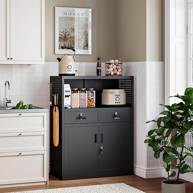 Storage Cabinet with Drawers, 41.3" Steel Lockable Storage Cabinets with Doors and Side Pegboard, Metal Cabinet for Garage, School, Home Office, Black