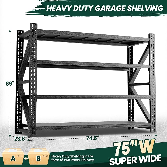 Heavy Duty Garage Storage Shelves 9000LBS Capacity, 75" Wide Metal Shelving Unit, 4-Tier Adjustable Industrial Rack for Warehouse Basement Shop, 75" W x 24" D x 69" H