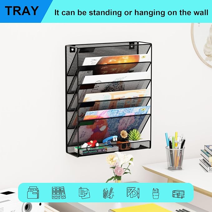 6-Tier Hanging File Organizer Office Cubicle Accessories for Work Organizer Wall Mount File Holder for Mails Folders Papers Magazine Organization, Black