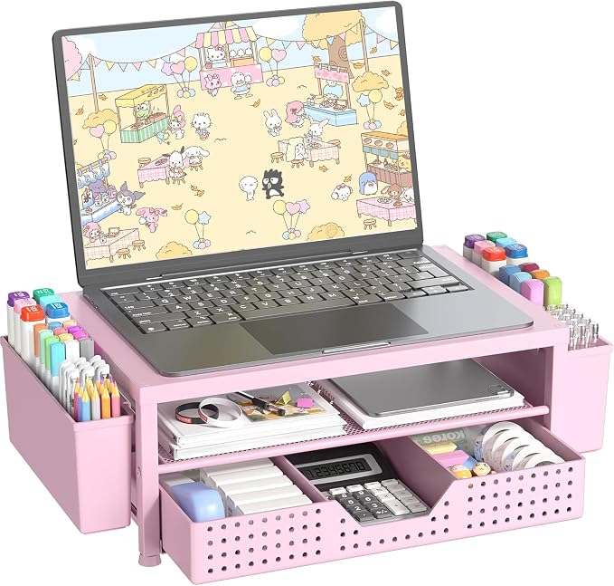 OPNICE Laptop Stand for Desk Organizer and Accessories, 2-Tier Computer Monitor Stand Riser with Drawer and 2 Pen Holders, Ventilated Perforated Steel Top, Office Desk Accessories for Home Office Supplies, Pink